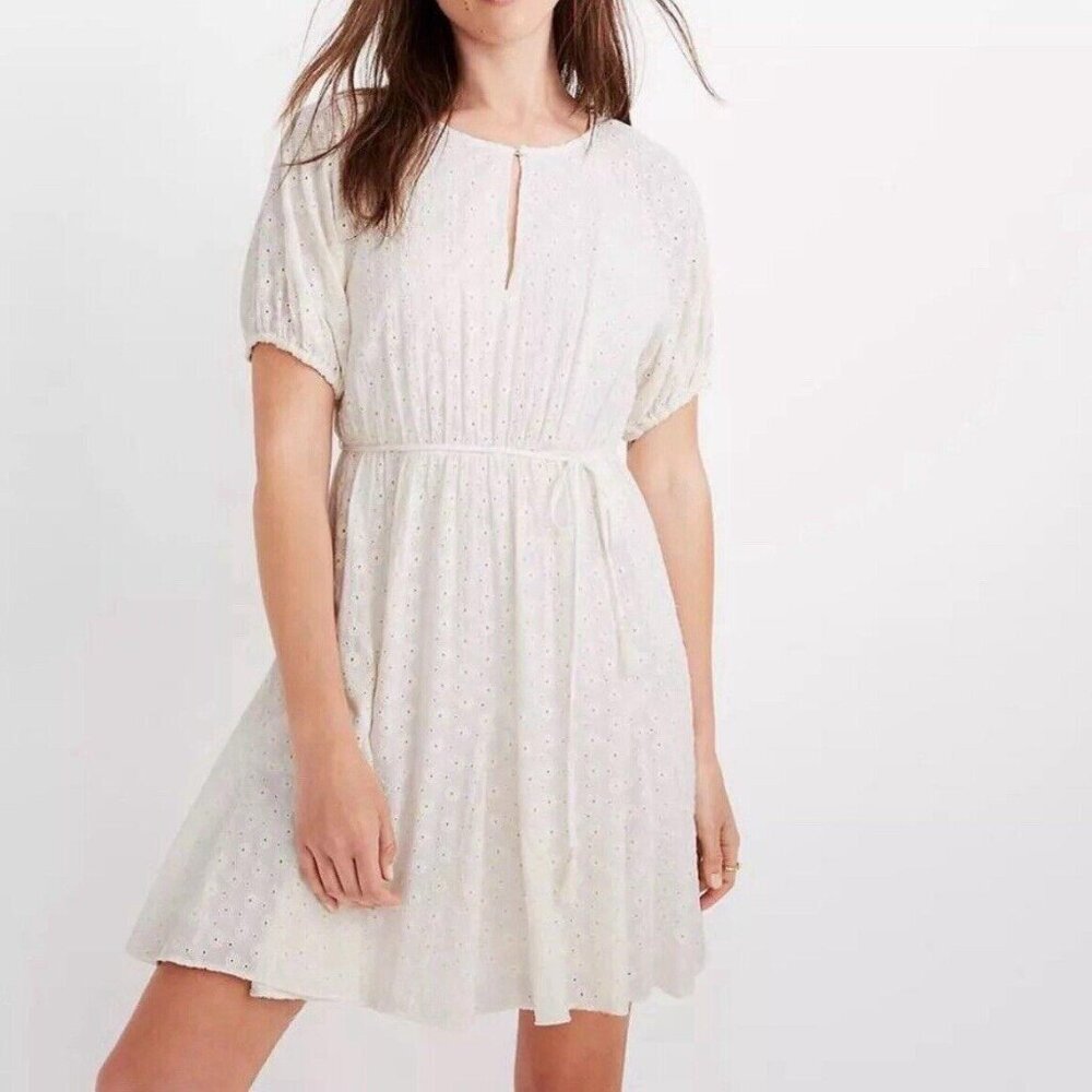 NWT MADEWELL Size 8 EYELET TASSEL-TIE MINI DRESS‎ WHITE